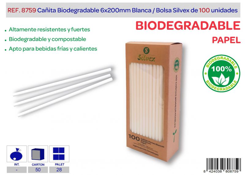 cañita biodegradable 6x200mm blanca lote de 100 papel