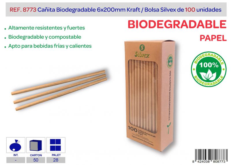 cañita biodegradable 6x200mm kraft lote de 100 papel