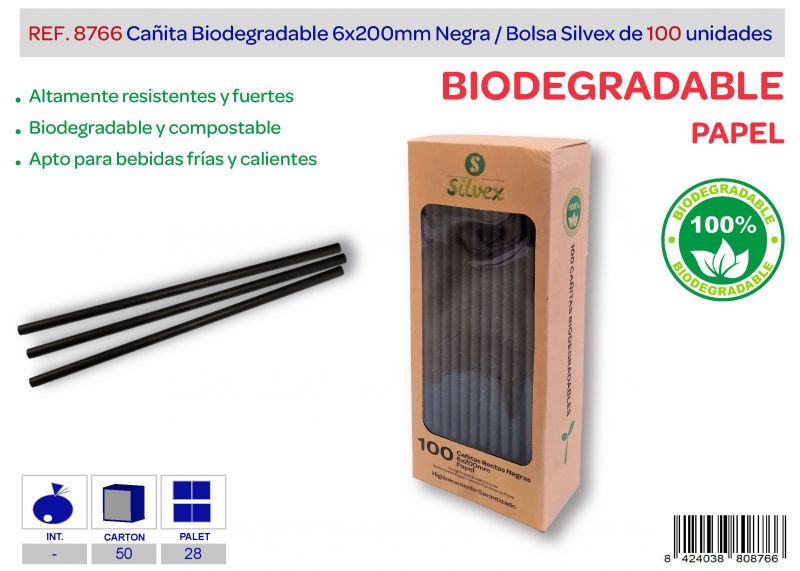 cañita biodegradable 6x200mm negra lote de 100 papel