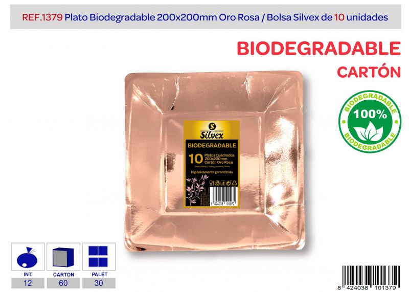 plato cuadrado biodegradable 200x200mm lote de 10 oro rosa brillante