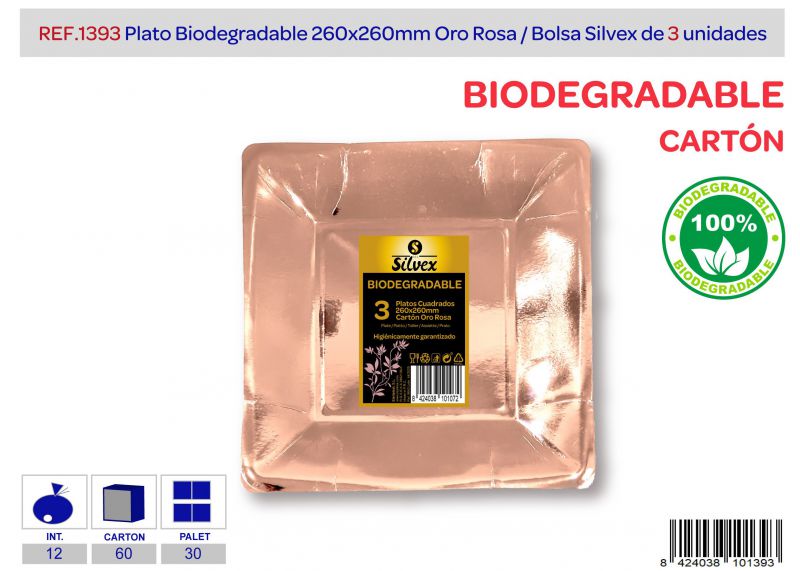 plato cuadrado biodegradable 260x260mm lote de 3 oro rosa brillante