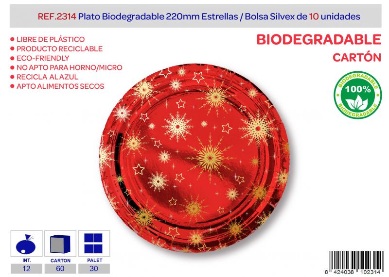 Plato biodegradable 220mm lote de 10 estrellas