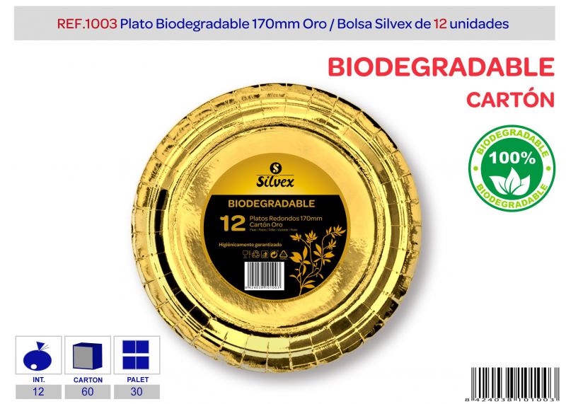 Plato biodegradable 170mm lote de 12 oro brillante