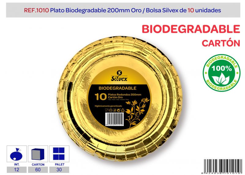 Plato biodegradable 200mm lote de 10 oro brillante