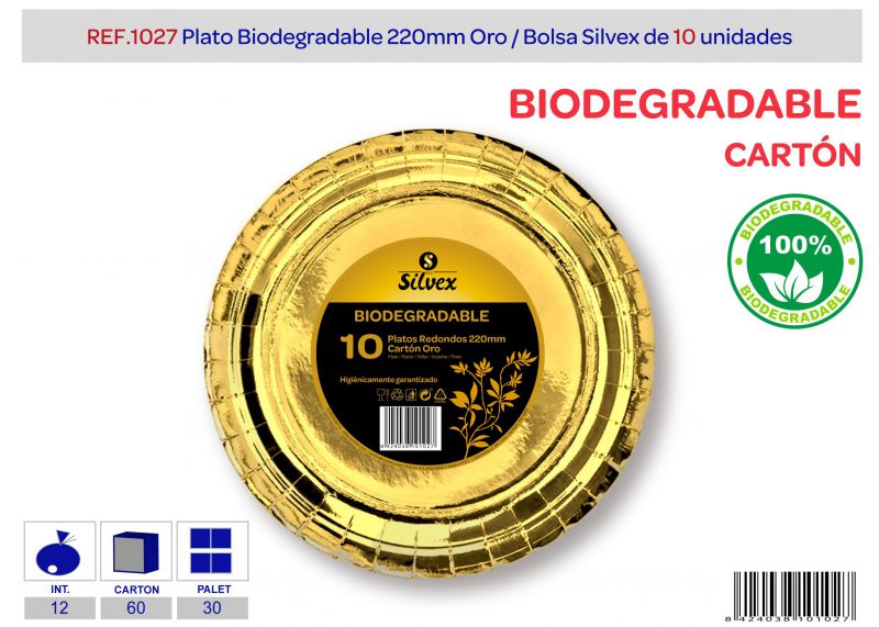 Plato biodegradable 220mm lote de 10 oro brillante