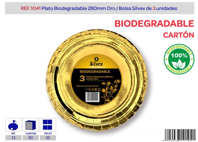 plato biodegradable 280mm lote de 3 oro brillante