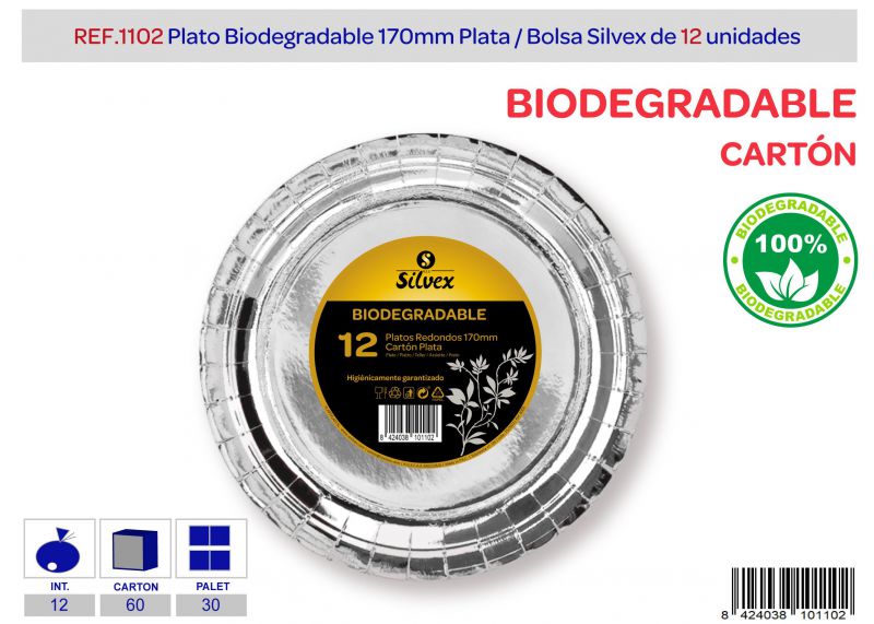 Plato biodegradable 170mm lote de 12 plata brillante