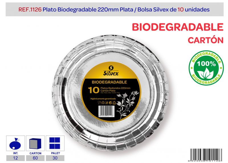 plato biodegradable 220mm lote de 10 plata brillante