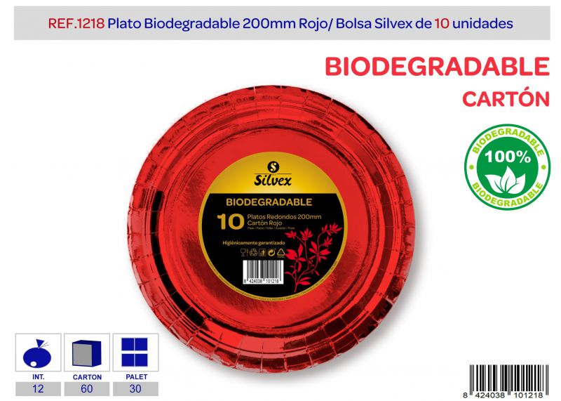plato biodegradable 200mm lote de 10 rojo brillante