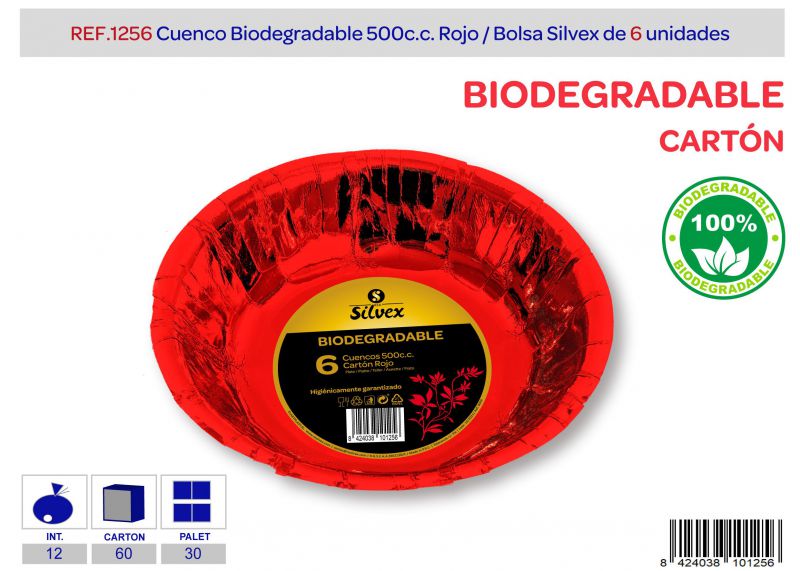 cuenco biodegradable 500cc lote de 6 rojo brillante