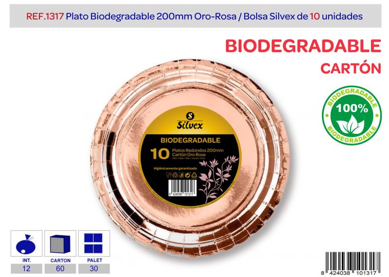 Plato biodegradable 200mm lote de 10 oro rosa brillante
