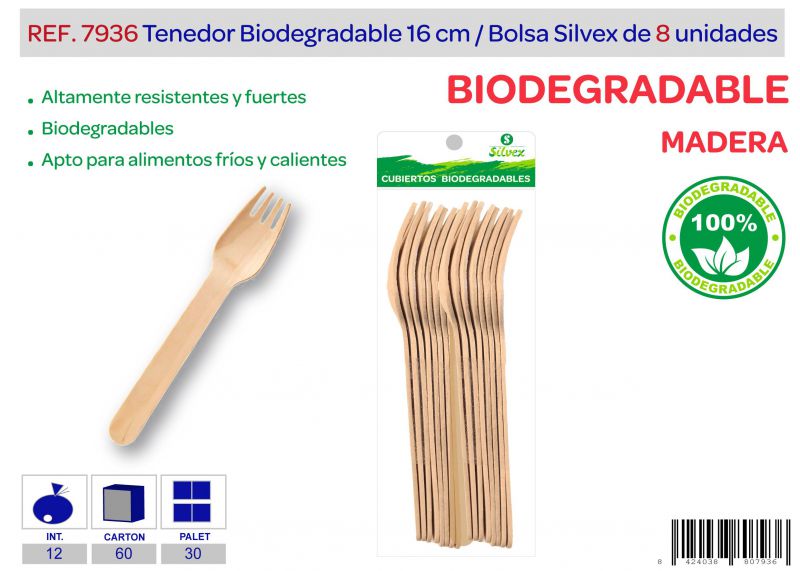 tenedor biodegradable lote de 8 madera