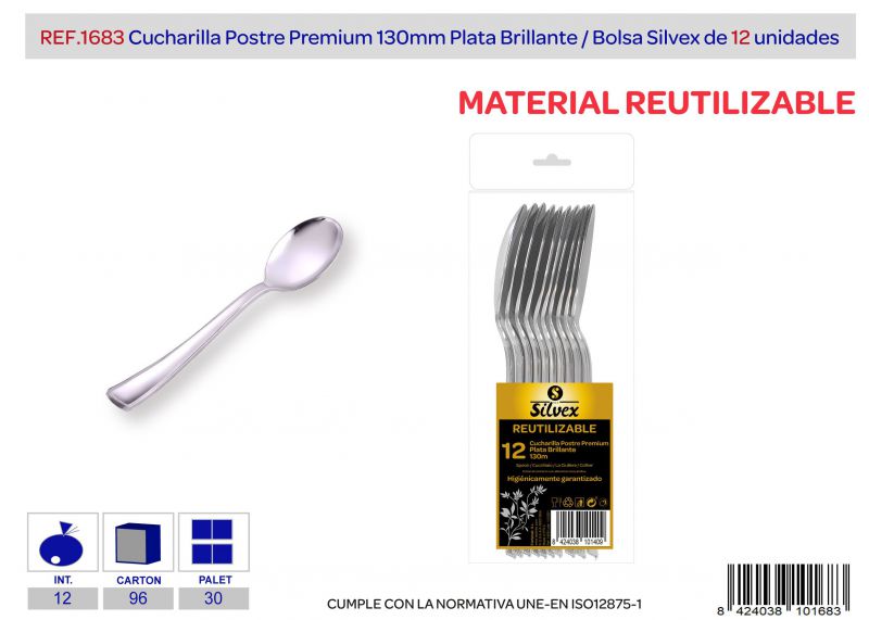 cucharilla postre premium reutilizable plata brillante l.12