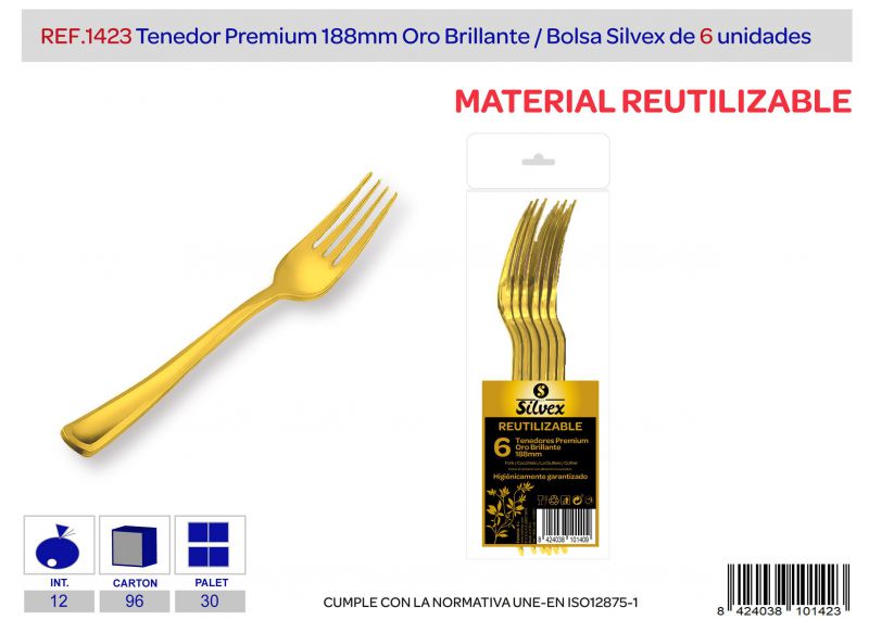 Tenedor premium reutilizable oro brillante l.6