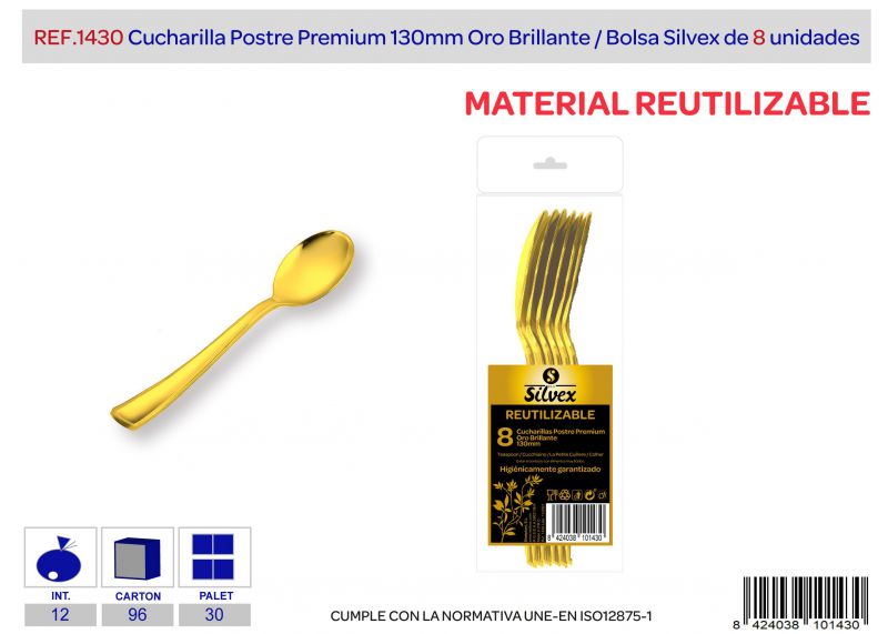 cucharilla postre premium reutilizable oro brillante l.8