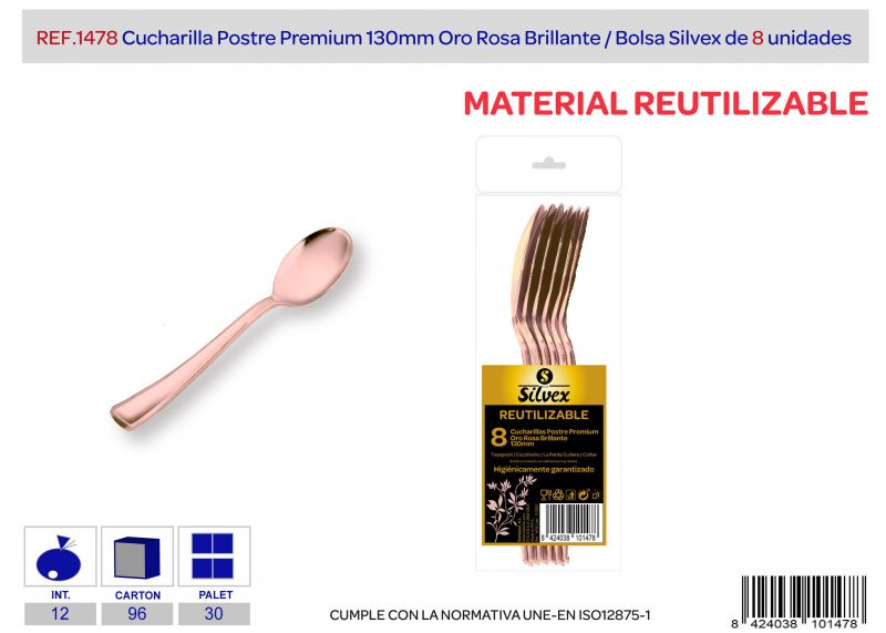 cucharilla postre premium reutilizable oro rosa brillante l.8