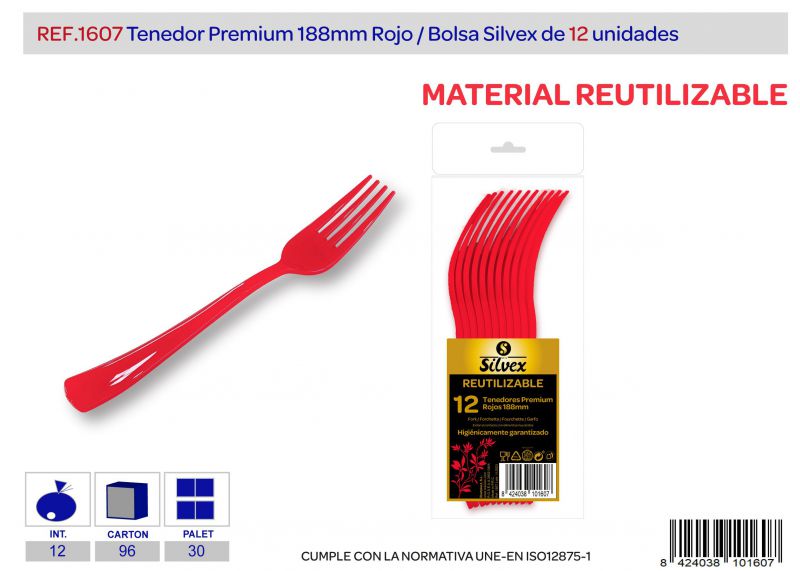 tenedor premium reutilizable rojo brillante l.12