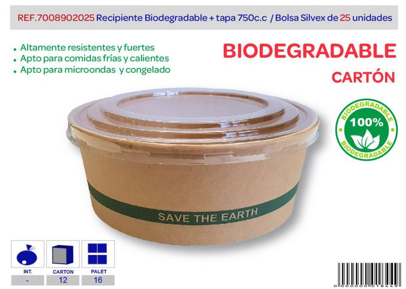 recipiente biodegradable + tapa 750 cc lote de 25 carton