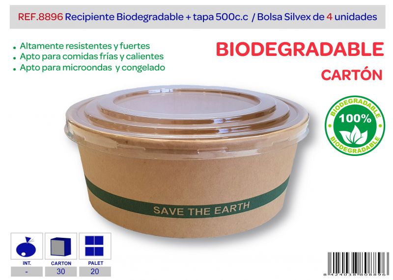 recipiente biodegradable + tapa 500 cc lote de 4 carton