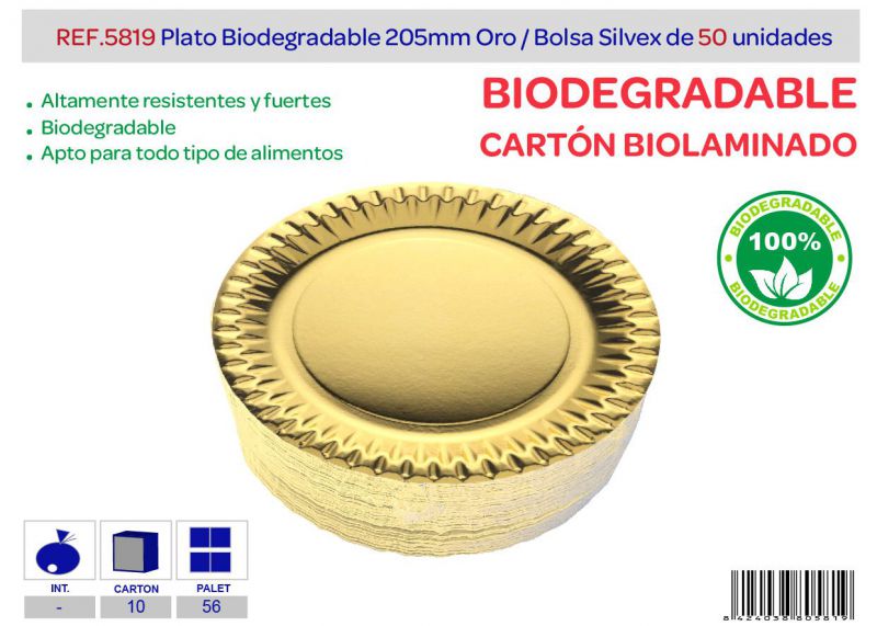 plato biodegradable 205 mm lote de 50 oro biolaminado