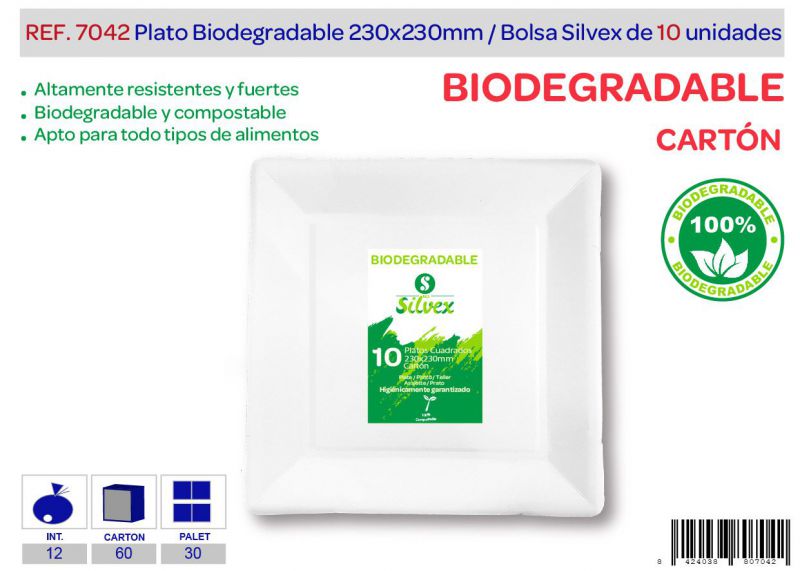 plato cuadrado biodegradable 230x230mm lote de 10 carton