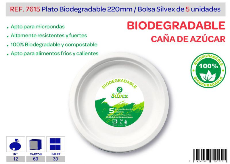 Plato biodegradable 220mm lote de 5 caña de azúcar