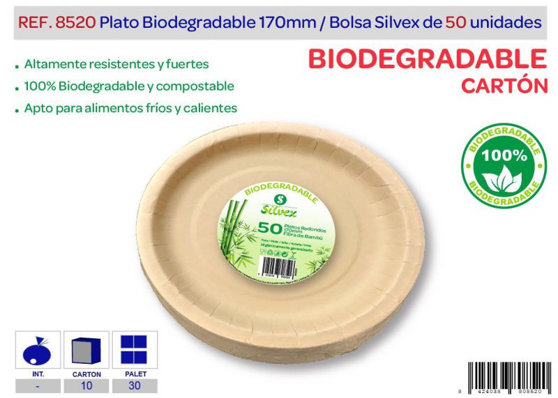 Plato biodegradable 170mm lote de 50 carton natural