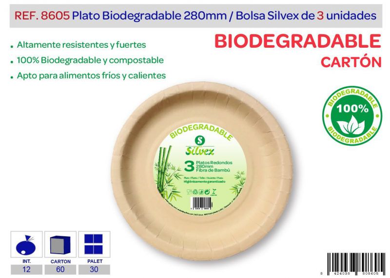 Plato biodegradable 280mm lote de 3 carton natural