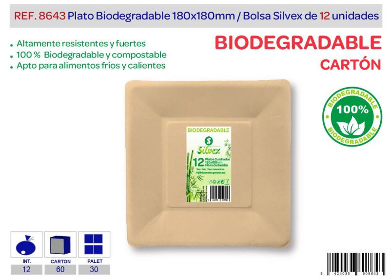 plato cuadrado biodegradable 180x180mm lote de 12 carton natural