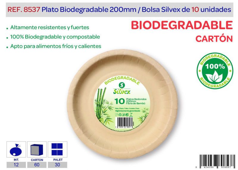 Plato biodegradable 200mm lote de 10 carton natural