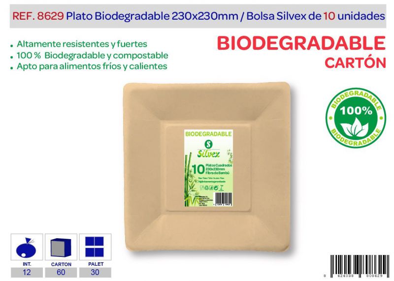 plato cuadrado biodegradable 230x230mm lote de 10 carton natural