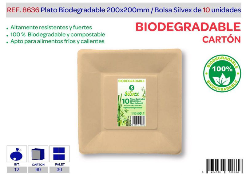 Plato cuadrado biodegradable 200x200mm lote de 10 carton natural