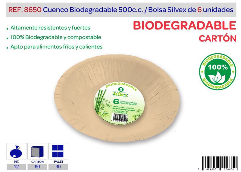 Cuenco biodegradable 500 cc lote de 6 carton natural