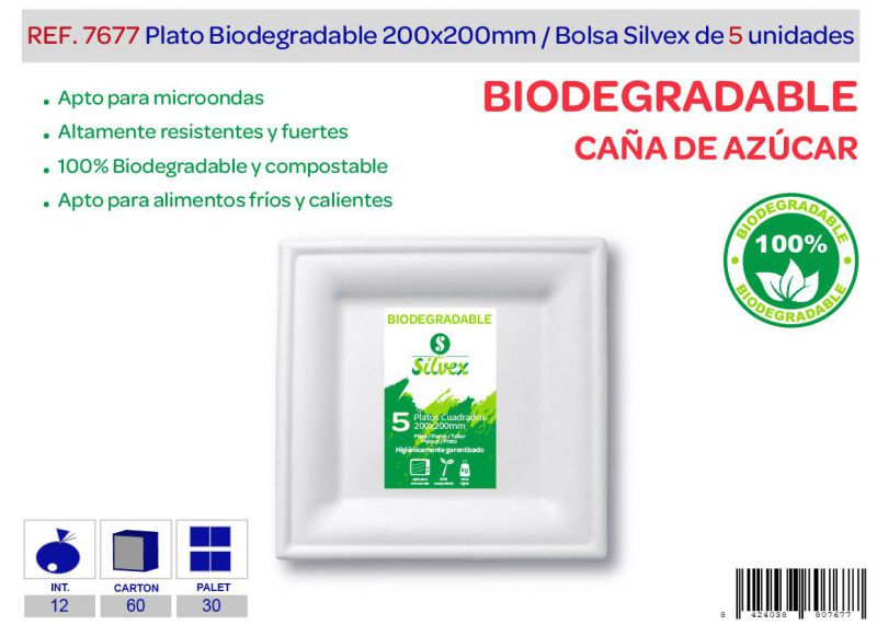 plato biodegradable cuadrado 200x200 mm lote de 5 caña de azúcar