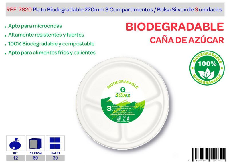 plato biodegradable 220mm 3 compartimentos lote de 3 caña de azucar