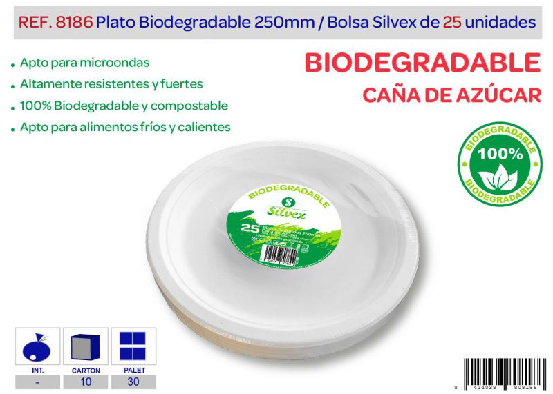 plato biodegradable 250mm lote de 25 caña de azúcar