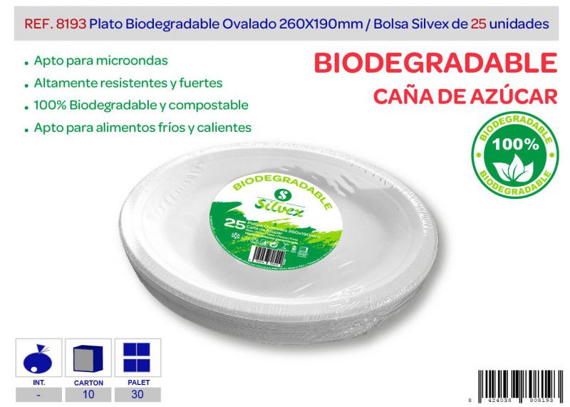 plato biodegradable ovalado 260mm lote de 25 caña de azúcar