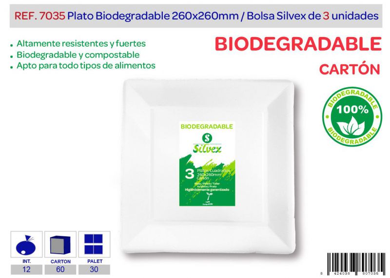 plato cuadrado biodegradable 260x260mm lote de 3 carton