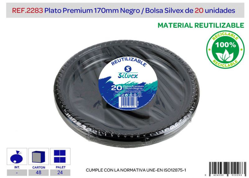 plato premium reutilizable 170mm negro l.20