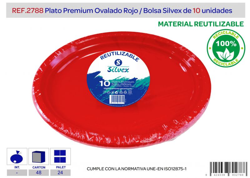 plato premium reutilizable ovalado rojo l.10