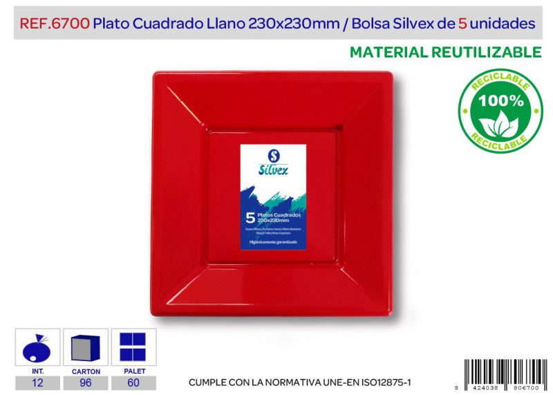 plato cuadrado reutilizable 230x230mm rojo l.5