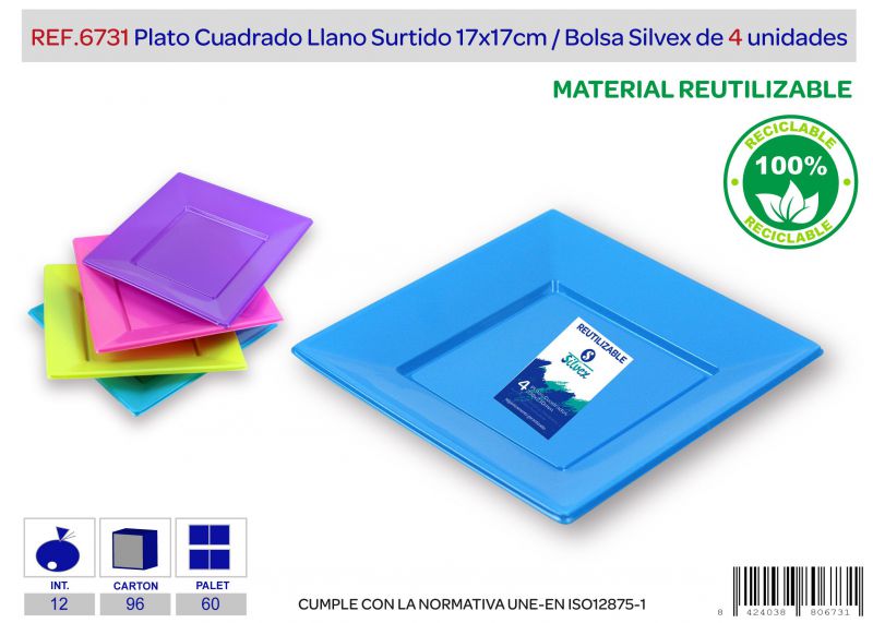 Plato cuadrado reutilizable 170x170mm surtidos l.4