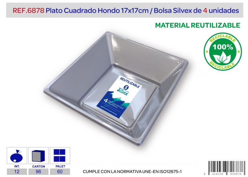 plato cuadrado reutilizable 170x170mm hondo plata l.4
