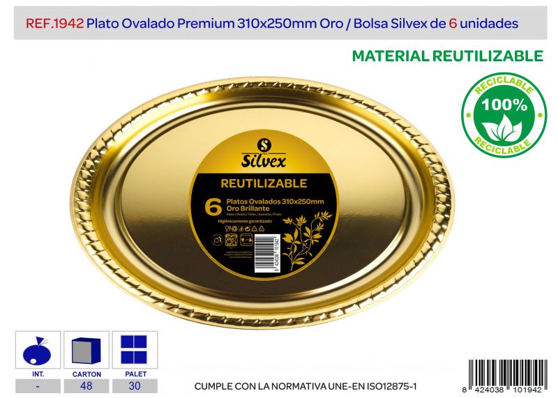plato premium reutilizable ovalado oro l.6