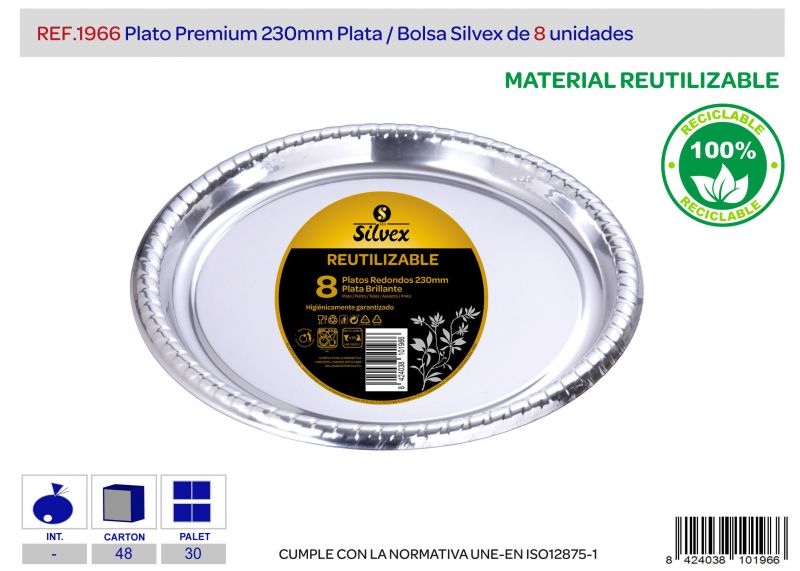 plato premium reutilizable 230mm plata l.8