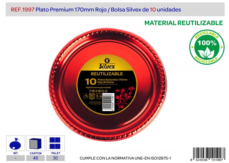 plato premium reutilizable 170mm rojo brillo l.10