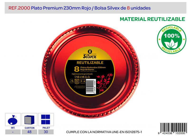 plato premium reutilizable 230mm rojo brillo l.8