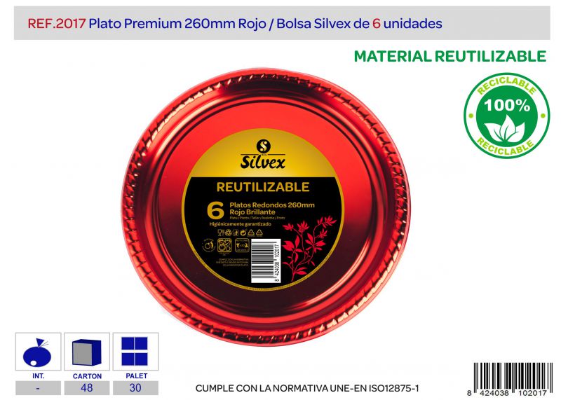 plato premium reutilizable 260mm rojo brillo l.6