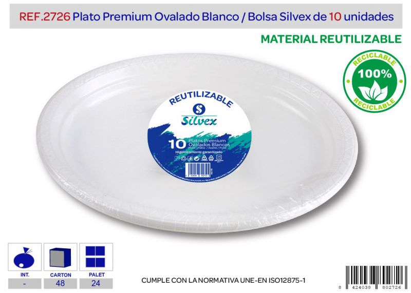 plato premium reutilizable ovalado blanco l.10