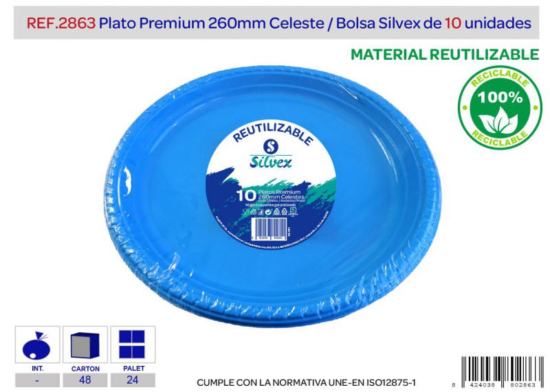 plato premium reutilizable 260mm celeste l.10